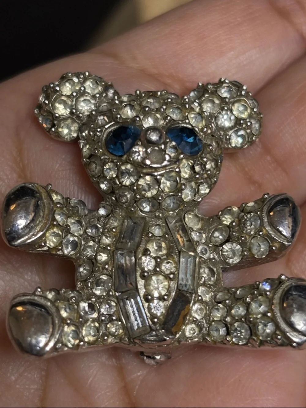 Vintage Rhinestone Teddy Bear Silver Tone Brooch Pin Signed Pell